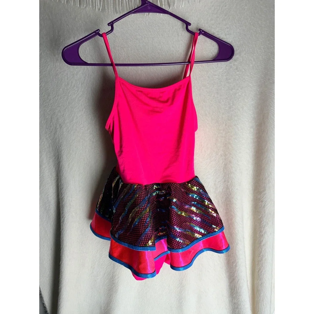 Revolution Kids Hot Pink Sequin Tiger Stripe Dance Leotard Tutu Costume